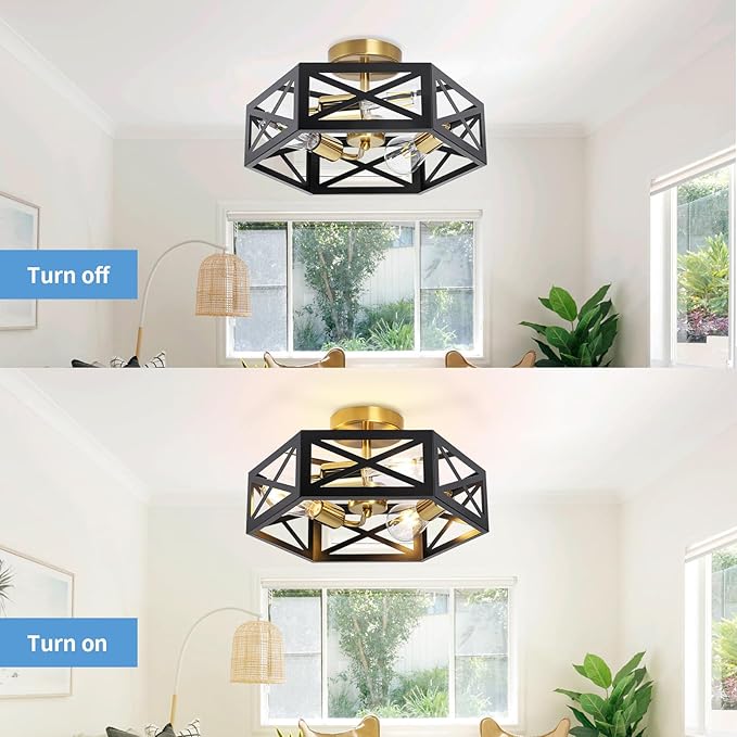 Semi Flush Mount Ceiling Light, Black and Gold Light Fixtures Ceiling Mount with Hexagon Cage, Metal Industrial Close to Ceiling Light for Hallway, Kitchen, Bedroom (Black and Gold, 14.56''L)