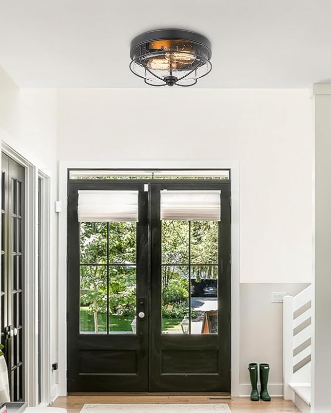 HWH INVESTMENT Flush Mount Ceiling Light Fixtures, 12 inch 2-Light Farmhouse Close to Ceiling Light Fixture with Seeded Glass Shade, Sand Black Finish, 5HTJ7-F BK