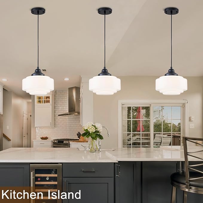 Schoolhouse Pendant Light 9.84" Vintage Milk Glass Chandelier Black Mid Century Modern Pendant Lighting Fixture for Kitchen Island Dining Room Living Room Hallway, Adjustable Height (E26)