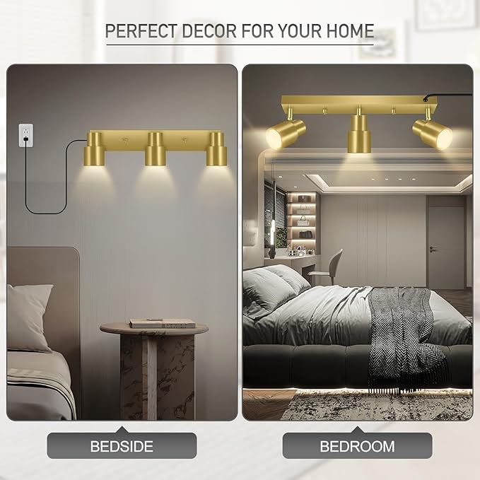 Plug-in Track Lighting LED, Track Light Fixtures Ceiling Kit, 15.7" Gold 3 Way Wall Lights for Kitchen, Plug in Ceiling Light with 14.8ft Power Cord,Rotatable Spotlight for Hallway(GU10 Base,No Bulb)