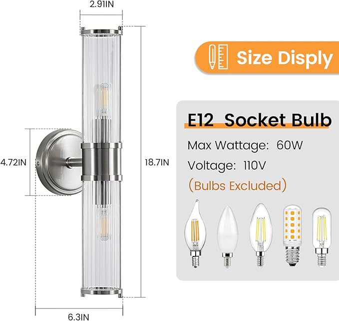 Bathroom Sconce Wall Lighting - Nickel Bathroom Vanity Light Fixture Vertical and Horizontal Wall Mount 2-Light Modern Indoor Wall Light for Hallway Living Room(E12 Bulbs Excluded)