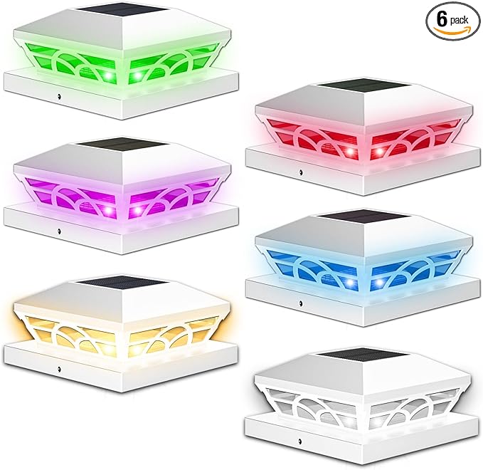 T-SUN Solar Post Cap Lights 6 Pack – Outdoor Waterproof RGB Color Changing Light for 3.5x3.5 4x4 5x5 5.5x5.5 Wood/Vinyl Fence Posts, Solar Deck Lights for Patio, Garden, Porch(White)
