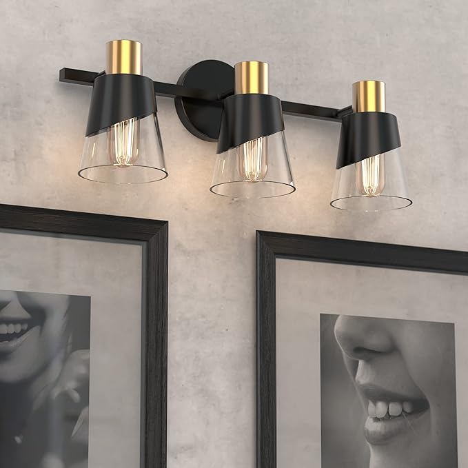URSOLA Bathroom Vanity Light, 3 Lights Bathroom Light Fixtures Over Mirror, 20.47 inch Bathroom Light Fixtures, Black and Gold Design with Bevelled Edge and Clear Glass Shade Wall Lamp
