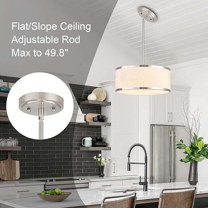 12.6" Drum Pendant Light Fixture 3-Light Brushed Nickel Chandelier with Fabric Shade for Kitchen Dining Room Living Room Bedroom