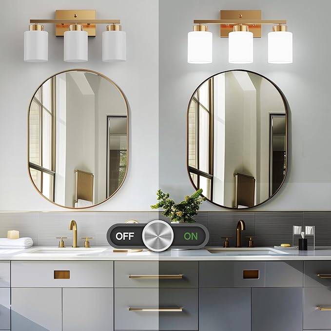 PARTPHONER 3-Light Brushed Gold Bathroom Light Fixtures, Modern Vanity Light Over Mirror Lighting, Wall Sconce with Frosted Milky White Glass Shades for Bedroom Living Room Kitchen Hallway