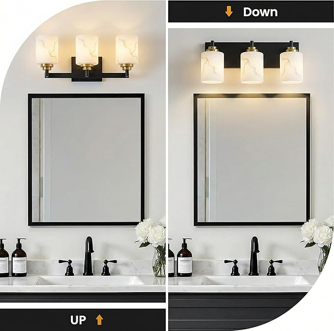 3-Light Bathroom Light Fixture, Black and Gold Modern Vanity Light with White Marble Glass Shade, for Bathroom Mirror, Living Room, Bedroom, Hallway, E26 Base, Extended Base