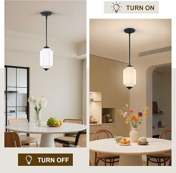 Vintage Milk Glass Pendant Light, 5.5" Semi Flush Mount Pendant Light, Black Finish Milk Glass Hanging Light Fixture for Kitchen, Dining Room, Bedroom, Hallway, Bathroom(White, 1 Pack)