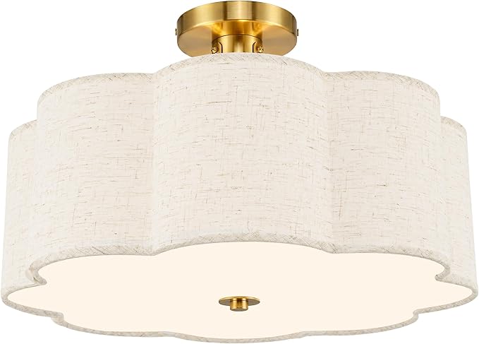 AUTELO 3-Light Bedroom Ceiling Light, 17.7 Inch Brushed Gold Semi Flush Mount Ceiling Light with Flower-Shaped White Fabric, Farmhouse Ceiling Light for Bedroom Hallway, C2507 BGL-8