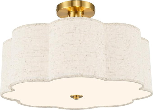 AUTELO 3-Light Bedroom Ceiling Light, 17.7 Inch Brushed Gold Semi Flush Mount Ceiling Light with Flower-Shaped White Fabric, Farmhouse Ceiling Light for Bedroom Hallway, C2507 BGL-8