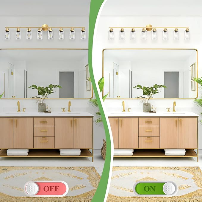 8-Light Brushed Gold Vanity Lights for Bathroom, Lighting Fixtures Over Mirror with Clear Glass Shade, Modern Kitchen Light Fixtures Wall Lamps Sconce Light - E26 Base