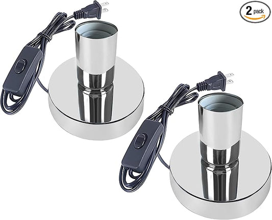 Industrial Table Lamp Base, Small Polished Metal Desktop Light Socket Base, Bronze Edison Screw Light Holder with 5.57ft Cord and On/Off Switch (Silver Set of 2)