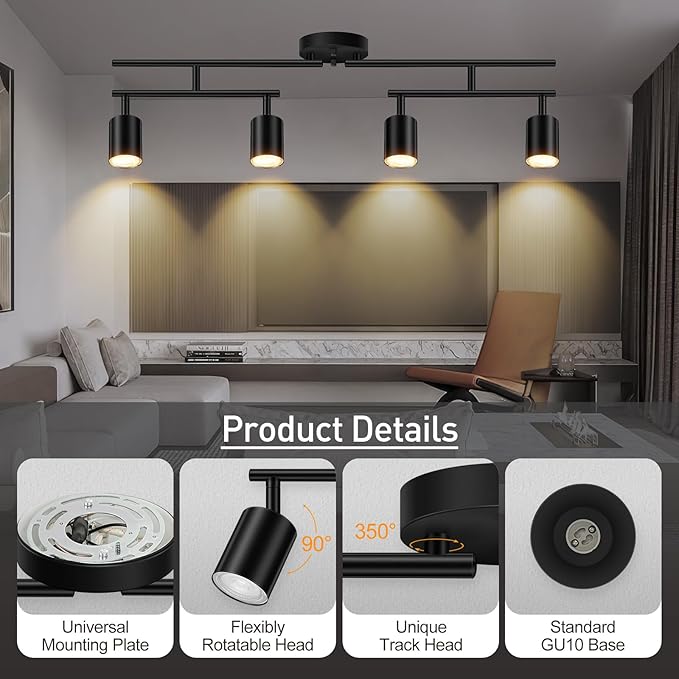 Track Lighting Kit, LED Track Lighting Fixtures Ceiling, 30" Black Ceiling Spotlights, 4 Light Kitchen Light Fixtures, Spot Light with Rotatable Heads, Track Lights for Bedroom(GU10 Socket, NO Bulb)