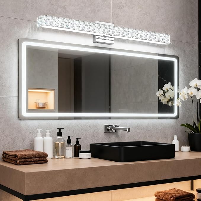 SOLFART Bathroom Light Fixtures, Crystal LED Modern Vanity Light, 32.5 Inch Chrome 5 Color Adjustable 5CCT