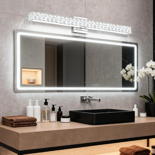 SOLFART Bathroom Vanity Lighting, Crystal Bathroom Light Fixtures Over Mirror LED Lights for Restroom, 32.5 Inch Chrome Light Over Mirror