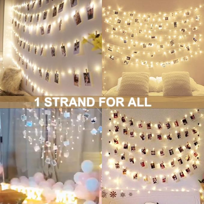 Decute 100 LED 50 Photo Clips String Lights Holder 33FT Starry Fairy Lights for Hanging Pictures Cards Memos USB Powered with Switch Perfect for Bedroom Wedding Dorm Christmas Decor (Warm White)