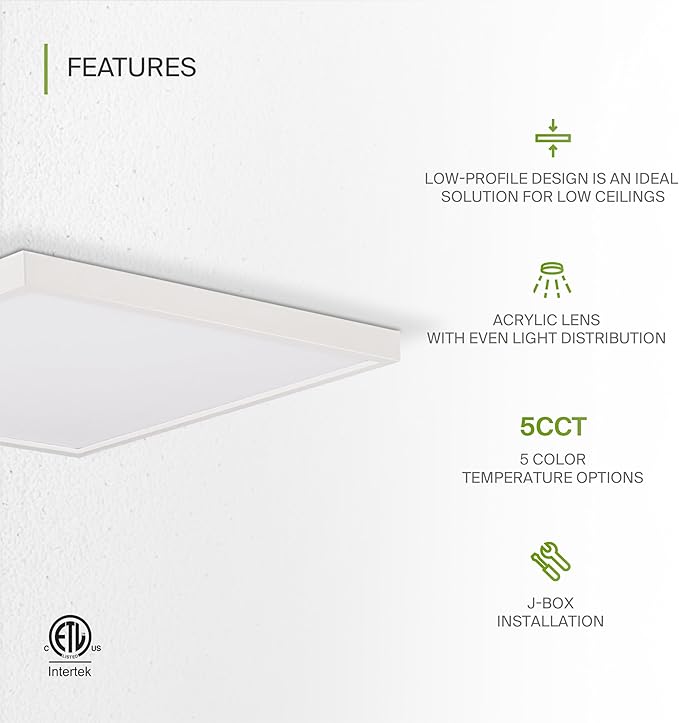 ASD LED 12" Square Flush Mount Ceiling Light Fixture, Low Profile Surface Lighting | 5CCT, Dimmable, Ultra-Thin, ETL Listed | 24W 1700LM 2700-6000K 120V | Kitchen, Hallway Lamp | White, 4 Pack