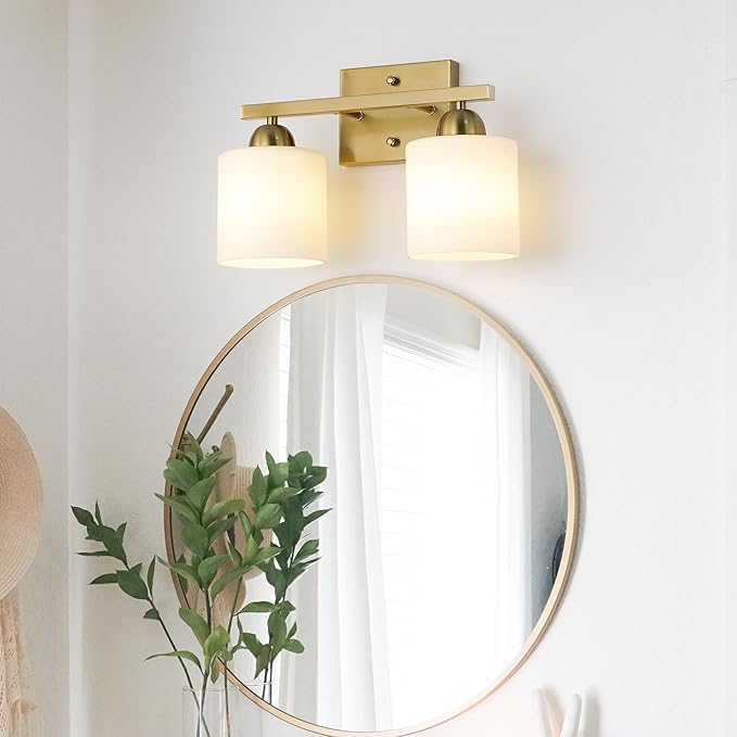 Mecgirn Stainless Steel Milk Glass Vanity Lights for Bathroom, 2 Light Gold Bathroom Light Fixtures Over Mirror, Ceramic E26 Sockets Wall Mounted