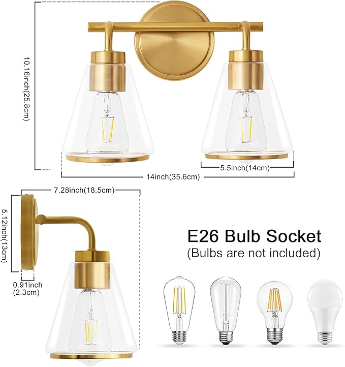 Bathroom Light Fixtures Over Mirror Gold Vanity Lights 2-Lights Bathroom Vanity Light with Clear Glass Shade 14 inch Vanity Lighting Fixtures Modern Wall Sconces Lights for Barth