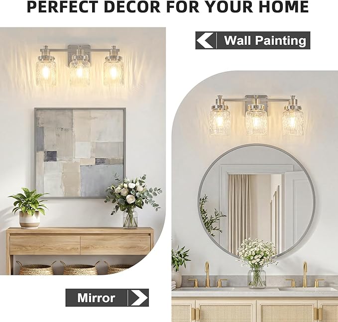 3 Lights Bathroom Light Fixtures Farmhouse Brushed Nickel Vanity Lights for Bathroom Lighting Fixtures Over Mirror with Hammered Glass Lampshade for Cabinet Mirror Bedroom Hallway