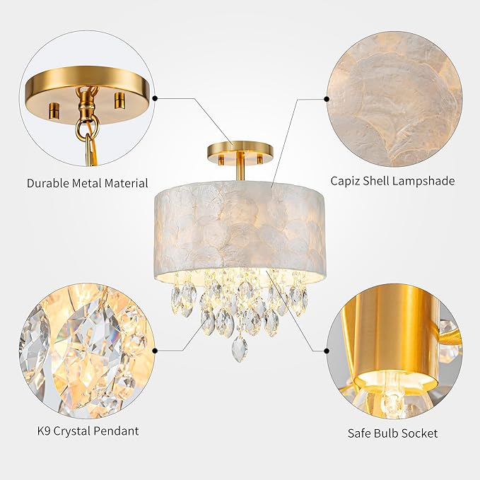 3-Light Capiz Shell Crystal Drum Ceiling Light, Coastal Style Close to Ceiling Light Fixture for Dining Room, Living Room & Bedroom, D12*H14 inch, Clear Crystal & Gold Finish