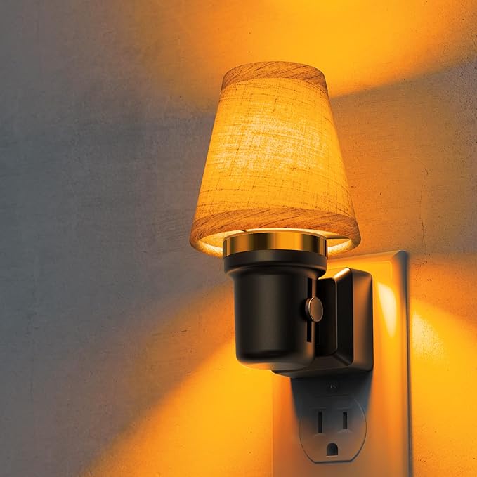 L LOHAS LED Night Lights Plug into Wall, Linen Fabric Round Platform Decor Night Light, Dusk to Dawn Sensor Vintage Nightlight, Amber Warm 0-100LM Dimmable, for Bedroom Living Room Hallway