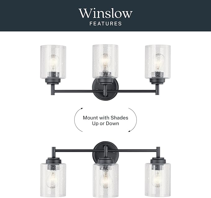 Kichler Winslow 21.5" 3-Light Bathroom Vanity Light Fixture with Clear Seeded Glass in Black, Modern Wall Mount Lighting for Mirror over Vanity in Bathroom, 45886BK