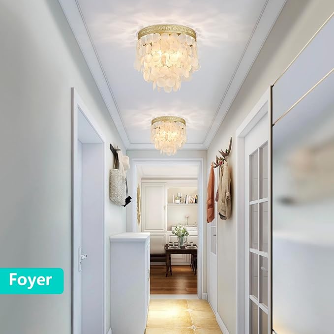 Modern Capiz Shell Ceiling Light, Costal Design, Close to Ceiling Light Fixture for Dining Room, Living Room, Bedroom, Hallway, Foyer, Gold Finish Frame, 3*E12 Socket, D12.6*H12.6 inches