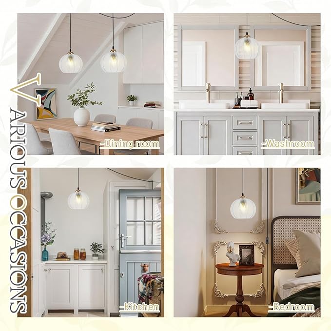 Plug in Pendant with 14.75ft Cord On/Off Switch, Swag Lamp Clear Glass Globe Shade Vintage Pendant Light Plug in Hanging Light for Kitchen Island Dining Room Bedroom