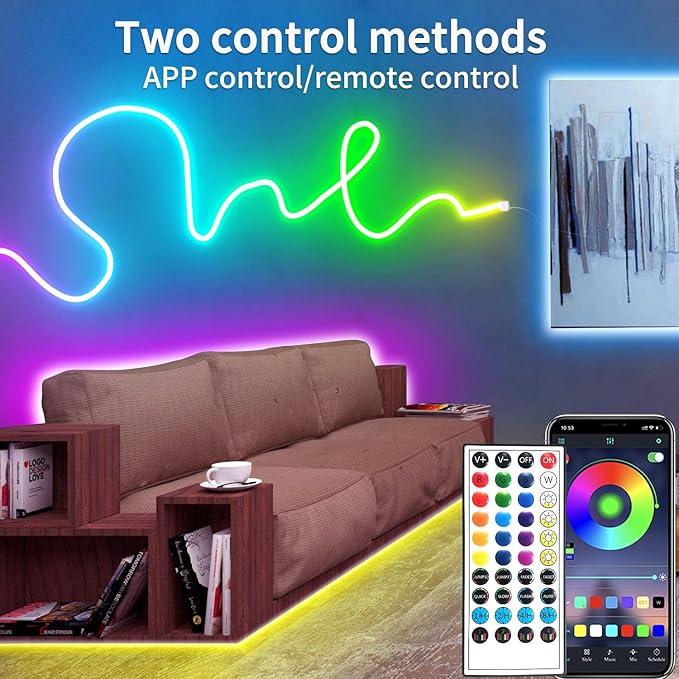 segrass 100FT RGB LED neon Rope Lights LED neon Lights with Remote/APP Control 24V IP65 Waterproof Flexible Neon LED Strip Lights for Bedroom Room Outdoors Decor（2 Rolls of 50ft）