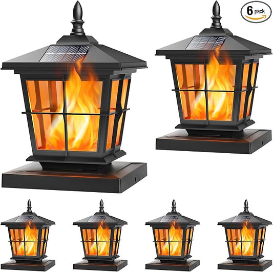 NIORSUN Solar Post Lights Outdoor, Fence Post Solar Lights with Flickering Flame Light, Waterproof, Garden Patio Fence Deck Decor, 4x4 Posts Caps, 4x4, 5x5 Wooden & Vinyl (6 Pack, Black)