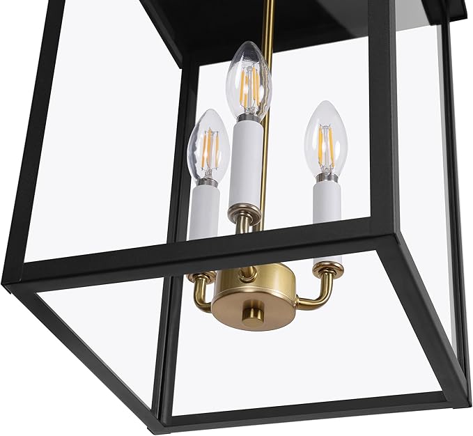 LamQee 21.2'' Large Outdoor Pendant Light Fixtures, 3-Light Modern Black Exterior Ceiling Hanging Lantern with Gold and White Candle, Outside Chandelier Lighting for Front Porch Entryway Patio Gazebo