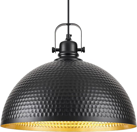 16 Inch Black and Gold Pendant Light Fixtures, Large Hammered Pendant Lights Kitchen Island, Vintage Dome Pendant Light for Kitchen, Dining Room, Bedroom,Bar