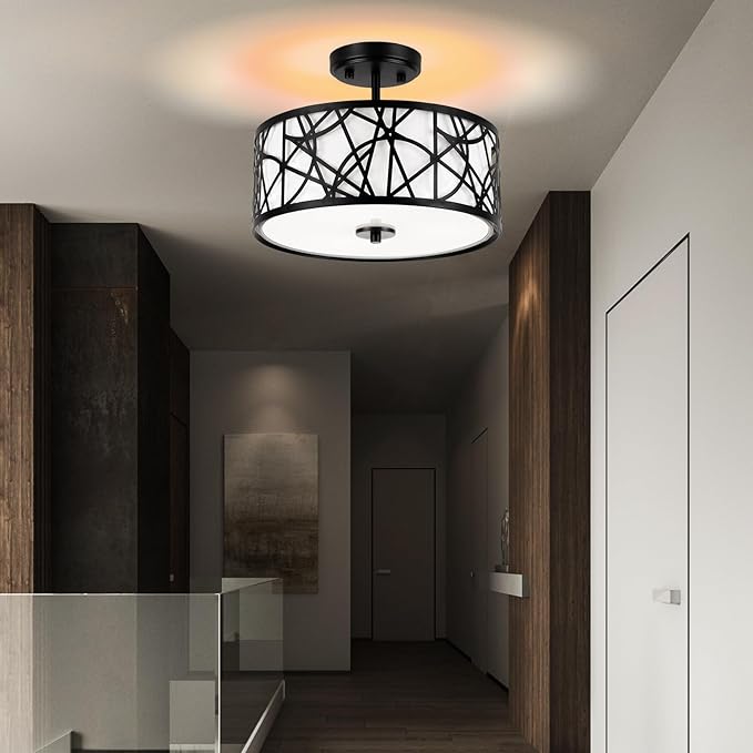 3-Light Semi Flush Mount Ceiling Light, 12.6" Drum Light with White Fabric Shade, Modern Close to Ceiling Lamp for Living Room Bedroom Dining Kitchen Hallway Entry Foyer (Matt Black)