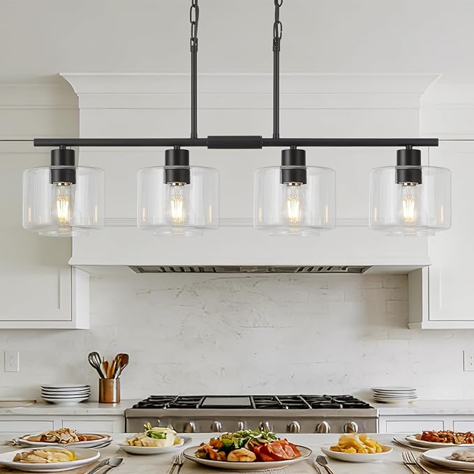 4-Light Kitchen Island Lighting, Modern Black Linear Dining Room Chandelier Light Fixtures with Clear Glass and Chain, Farmhouse Hanging Lights for Kitchen Island Dining Room, OS-YQ8153-4ISBKC