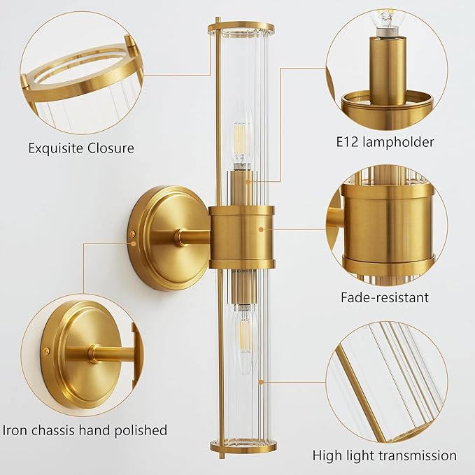 Gold Wall Sconce, Bathroom Light Fixtures with Threaded Glass Indoor Wall Sconces, Modern Sconce Wall Lighting Up and Down Vanity Lights Fixtures for Bathroom Mirror, Hallway, Living Room