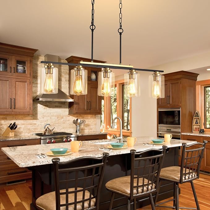 34" Dining Room Light Fixture/Chandelier Over Table, 5-Light Black and Gold Kitchen Island Lighting with Clear Glass Shade, Modern Hanging Pendant Lights Fixture for Kitchen Island Dining Room