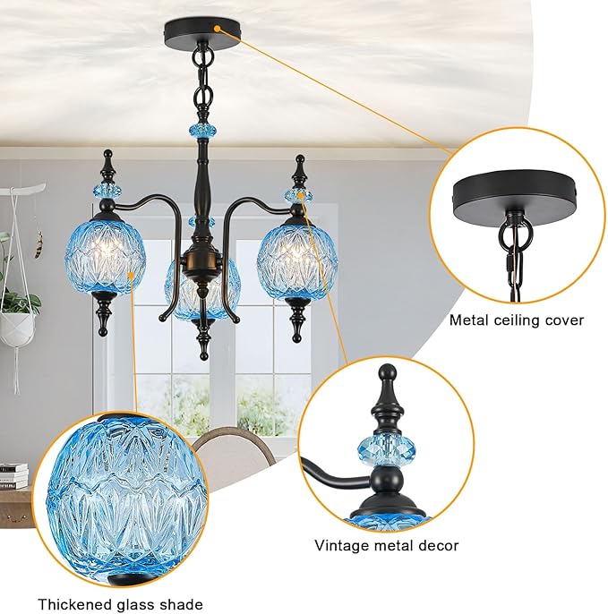 Vintage Blue Pendant Light Fixtures, 3-Light Chandeliers for Kitchen Bedroom Living Room Dining Room Hallway