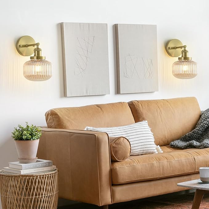 Vintage Wall Sconces with Amber Pumpkin Glass Lampshade, Indoor Bathroom Wall Sconce, Modern Gold Industrial Lighting Fixture for Mirror Living Room Hallway 2 Pack