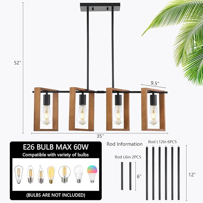 9MMML 4 Lights Island Light for Kitchen,Farmhouse Industrial Rectangle Pendant Light, Black Body+Wood Frame Vintage Chandelier for Dining&Living Room Pool Table Hallway Entryway Foyer,E26