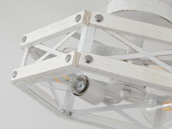 2 Pack 3-Light Modern Farmhouse Wood Flush Mount Ceiling Light Fixture Rustic Distressed Wood and Metal Cage Semi Flush Mount Ceiling Light for Hallway Entry Bedroom Farmhouse, Antique White