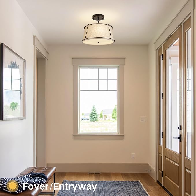 13'' Semi Flush Mount Ceiling Light Fixture,3-Light Black Light Fixtures Ceiling Mount with Linen Drum Fabric Shade,Modern Close to Ceiling Lamp for Bedroom Dining Room Kitchen Hallway (Adjustable)