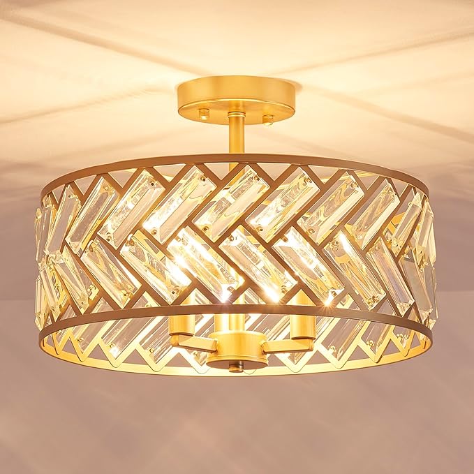 AGV LIGHTING CL052G K9 Crystal Ceiling Light, Flushmount Ceiling Light Fixture for Living Room, Close to Ceiling Modern Design, 3-Lights, D15 x H11 in, Clear Crystal & Gold Finish Frame