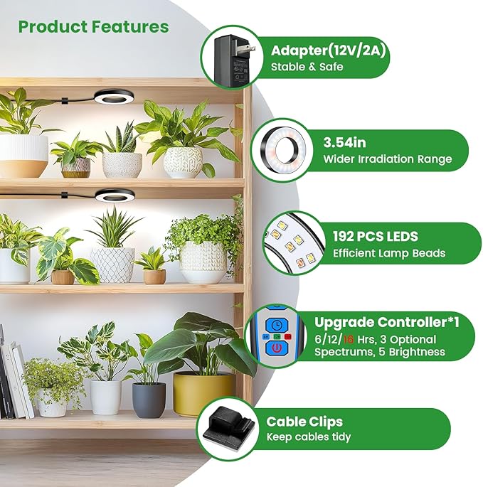 Wiaxulay Grow Lights for Indoor Plants, 192 LED Full Spectrum Plant Lights for Indoor Growing, 12V/2A Under Cabinet Grow Lamp with Auto Timer 6/12/16 Hrs, 3 Lighting Mode, 5 Brightness, Four Head