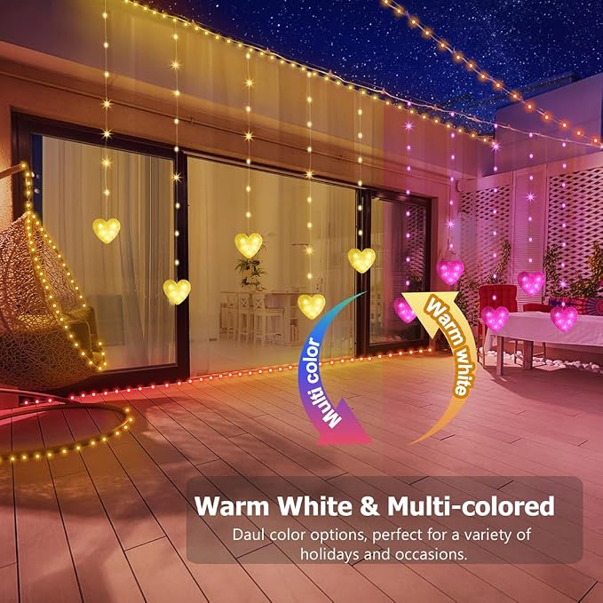 Heart Curtain Lights Battery Operated Valentines Day Decor, 10ft x 3.3ft Warm White & Multicolor Twinkle Fairy String Lights Curtain, Timer & IR Remote for Indoor Outdoor Christmas Decor