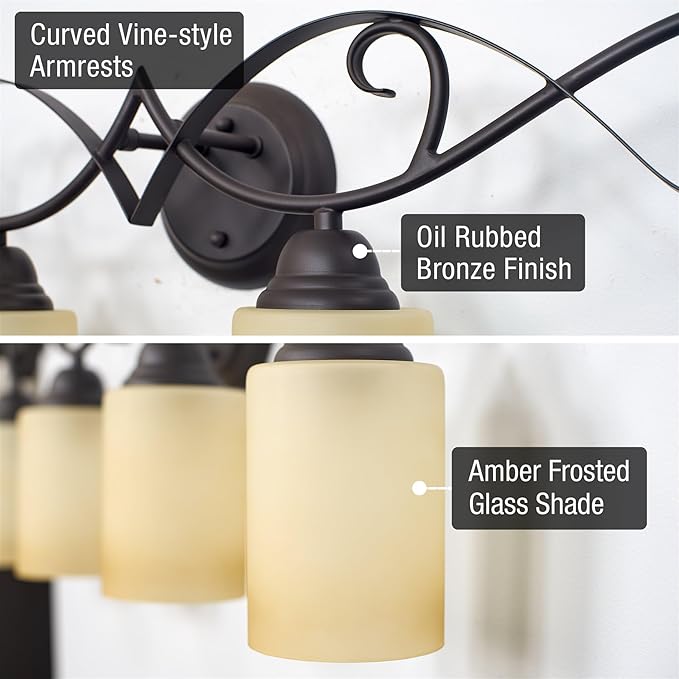 Kira Home Villa 31" Traditional 4-Light Bathroom Vanity Light with Scrollwork Design and Frosted Amber Glass Shades, Oil Rubbed Bronze Finish