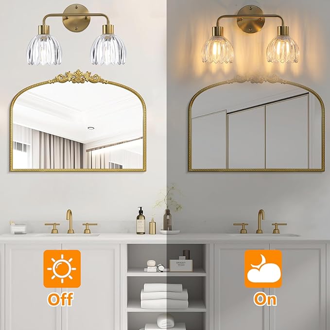 2-Light Gold Brass Bathroom Light Fixture with Clear Tulip Glass Shade,Wall Sconces,Vintage Vanlity Light Over Mirror,Bathroom Wall Light,E26 Socket(Bulbs Not Included)