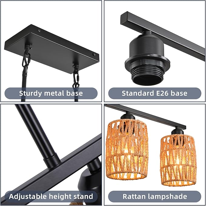 Rattan Pendant Lights for Kitchen Island,6-Light Boho Coastal Chandelier,Bohemian Rustic Pendant Light Fixture for Dining Room,Height Adjustable,Matte Black Farmhouse Woven Hanging Lights Over Table