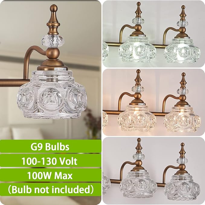 Brass 5-Light Bathroom Vanity Light, Vintage Bathroom Lighting Fixtures with Thick Crystal Glass Shade, Living Room