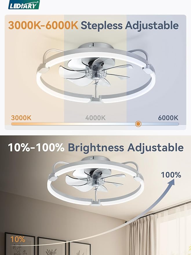 LEDIARY Ceiling Fans with Lights and Remote, 20'' Low Profile Ceiling Fan with Light, 3000-6000K Dimmable Fandelier LED Fan Light, 6 Wind Speeds, Grey Modern Flush Mount Ceiling Fan for Bedroom