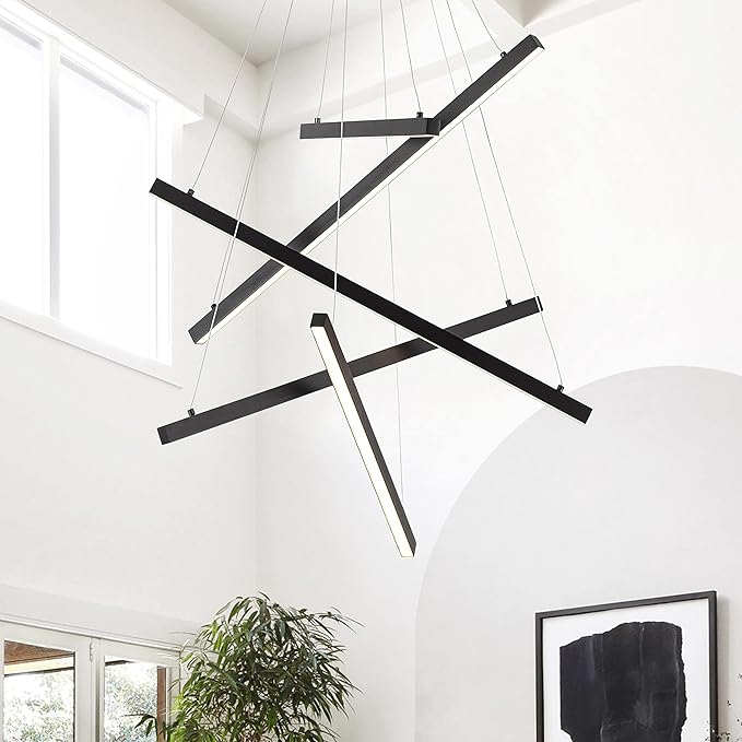 Black Led Modern Pendant Light, 5 Linear Lights led Chandelier Dimmable Hanging Pendant Lighting for Living Dinning Room Staircase Entry Foyer Restaurant